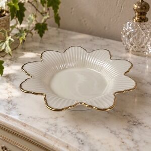 Quiet Luxury Ivory Lenox Meridian Candy Dish 24K Gold Trim Fluted Scalloped
